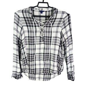 Womens Aeropostale Black & White Plaid Lace Up Blouse Top Long Sleeve Size L